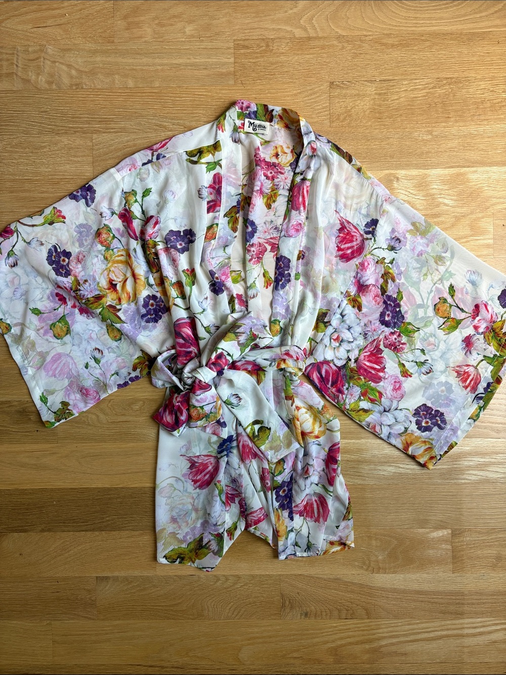 Show Me Your MuMu Floral Satin Kimono Robe - White, Pink & Purple
